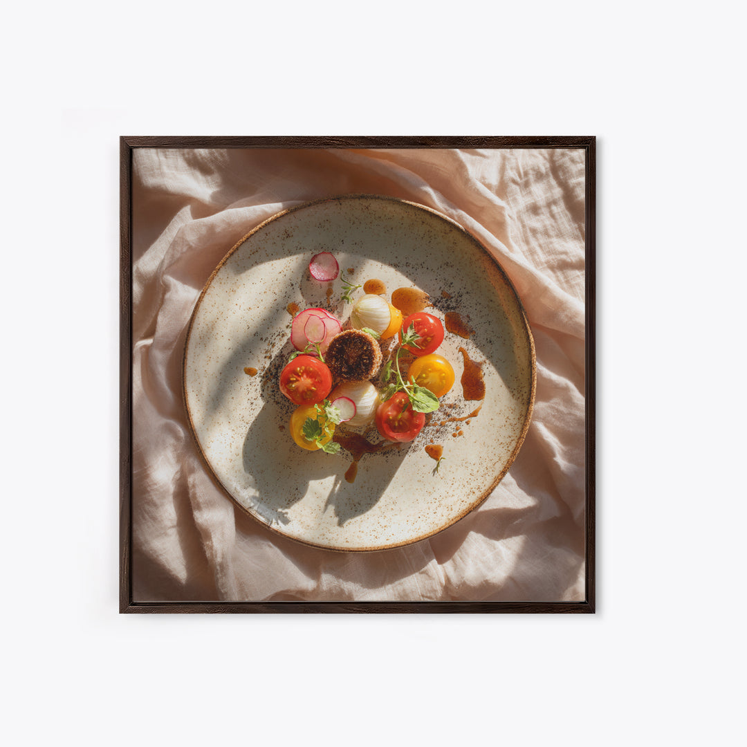 Tomatoes Garlic and Basil on Linen Framed Canvas Print, Kitchen Art, Coffee Wall Art, Kitchen Decor, Abstract Art, Kitchen, KIT-1x1-51
