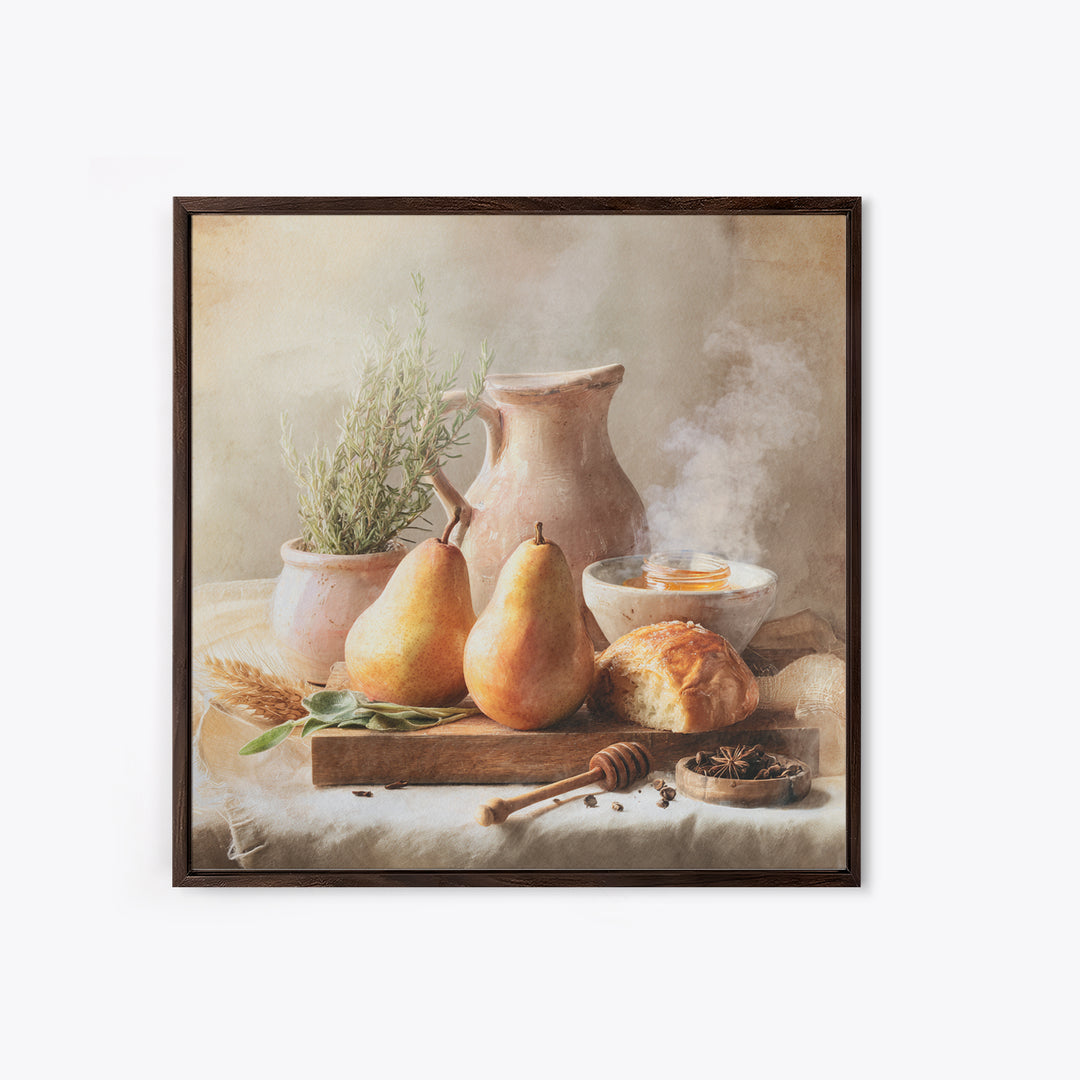 Farmhouse Pears on a Wooden Board Framed Canvas Print, Kitchen Art, Statement Artwork, Kitchen Decor, Abstract Art, Kitchen, KIT-1x1-57