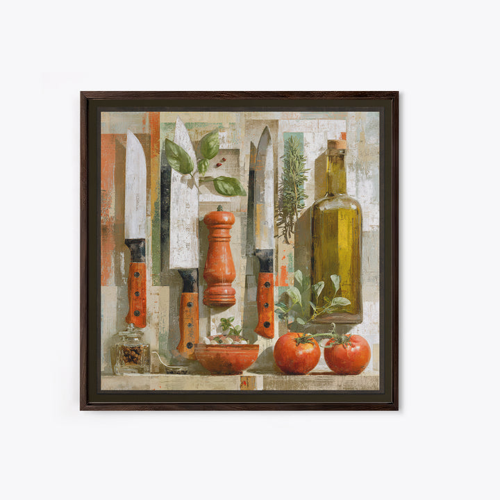 Chef Knives and Herbs Arranged as Graphic Framed Canvas Print, Kitchen Art, Kitchen Print, Kitchen Decor, Watercolor Art, KIT-1x1-58