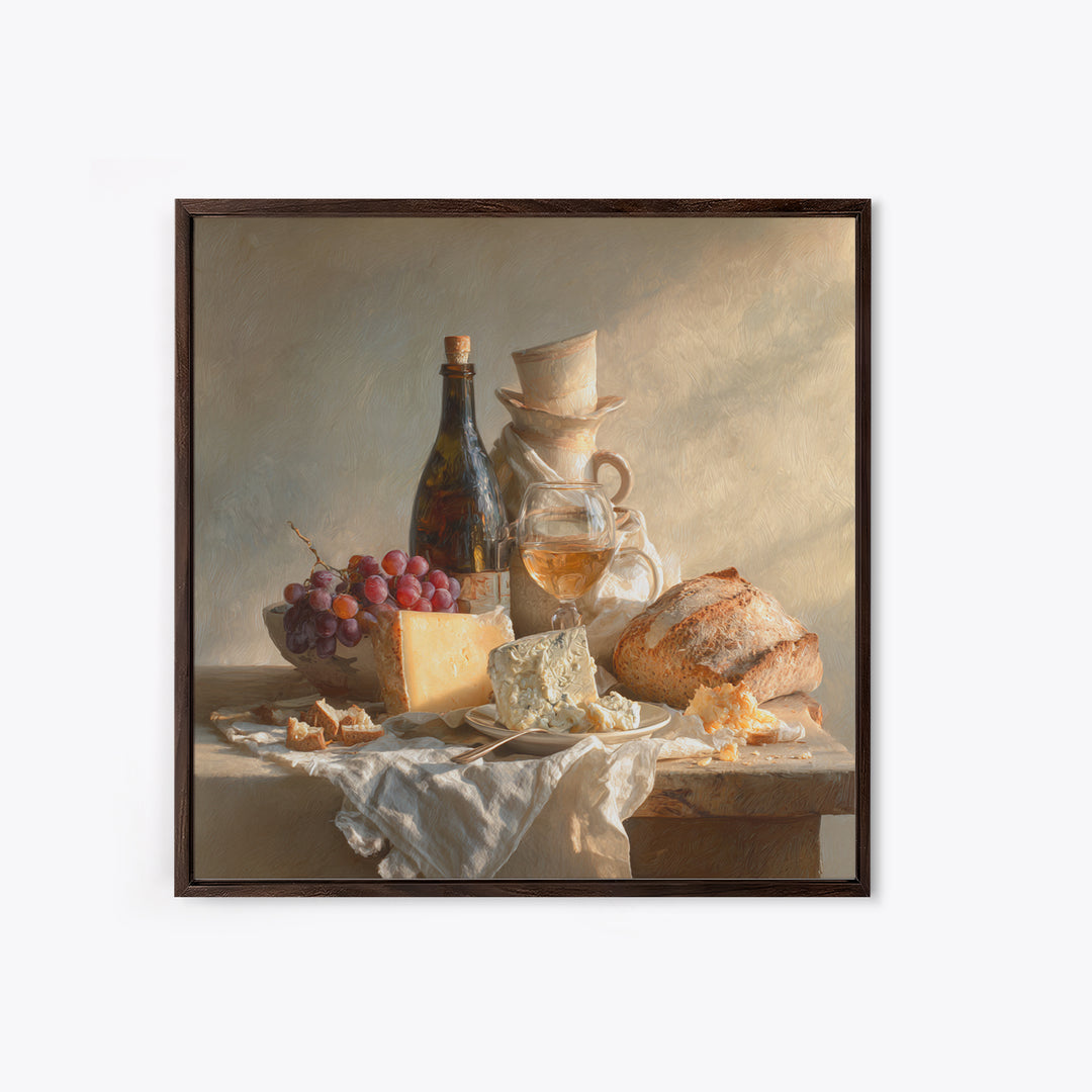 Wine Bottle Grapes and Cheese Still Life Canvas Print, Kitchen Art, Minimalist Wall Art, Kitchen Decor, Fine Art, Kitchen, KIT-1x1-60
