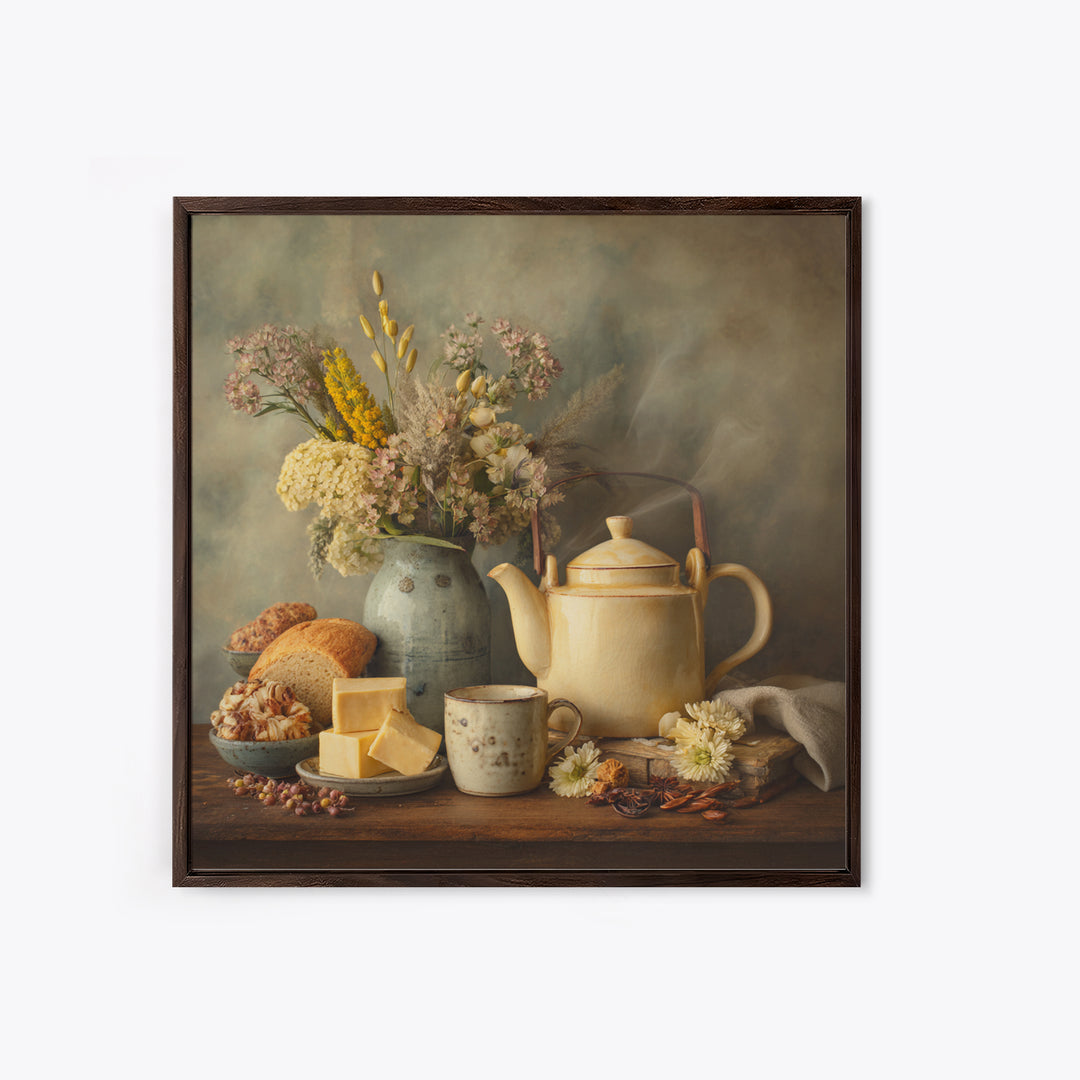 Tea Kettle with Steam and Wildflowers Framed Canvas Print, Kitchen Art, Coffee Wall Art, Kitchen Decor, Fine Art, Kitchen, KIT-1x1-62