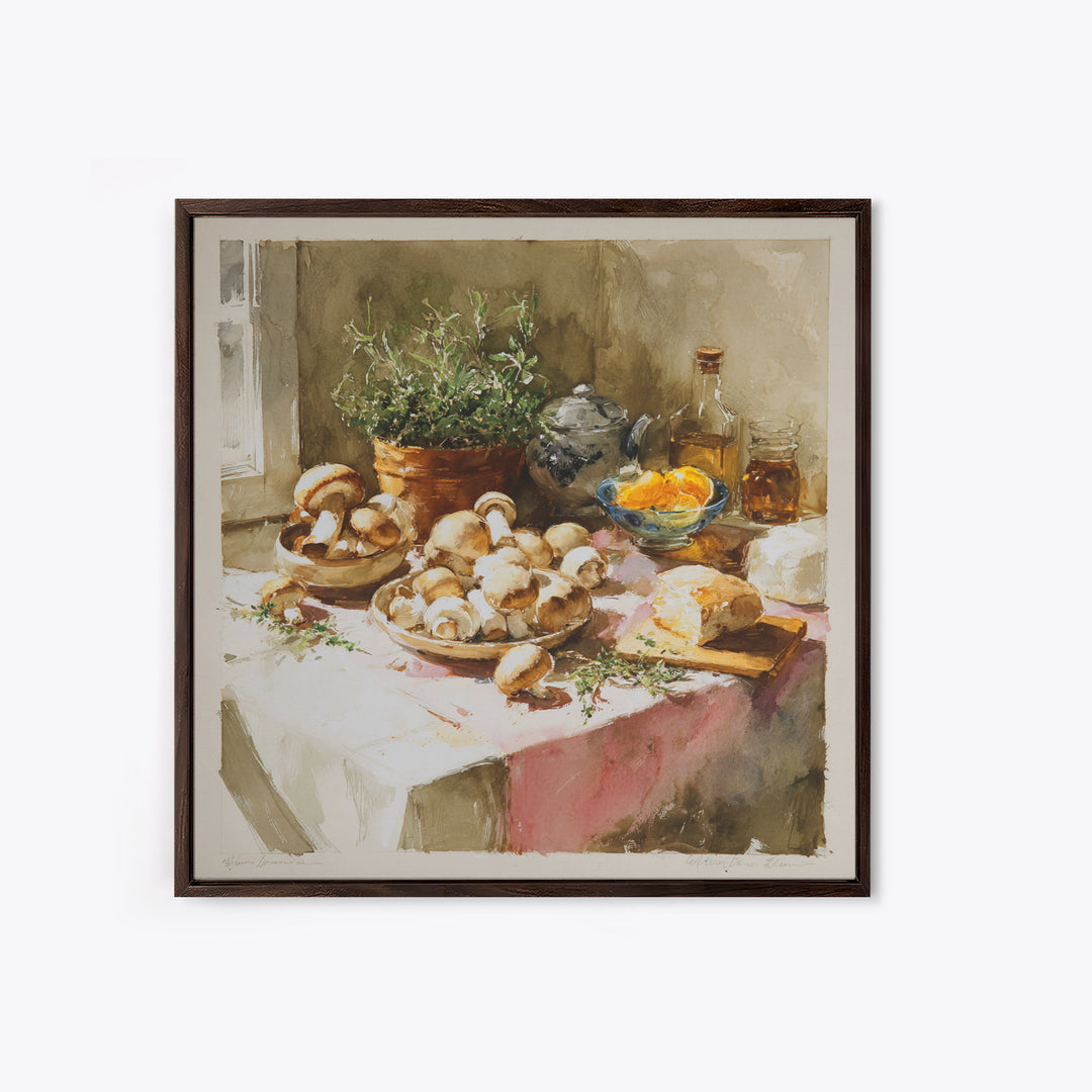 Mushrooms and Thyme Botanical Study Framed Canvas Print, Kitchen Art, Bar Cart Decor, Kitchen Decor, Oil Painting, Kitchen, KIT-1x1-63