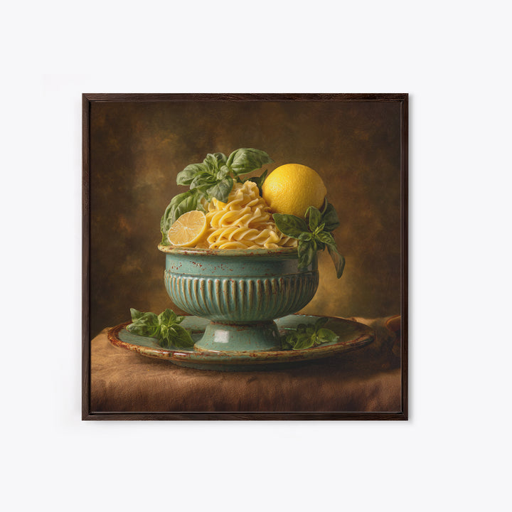 Pasta Lemons and Basil Mediterranean Still Life Framed Canvas Print, Kitchen Art, Gallery Decor, Kitchen Decor, Kitchen, KIT-1x1-65