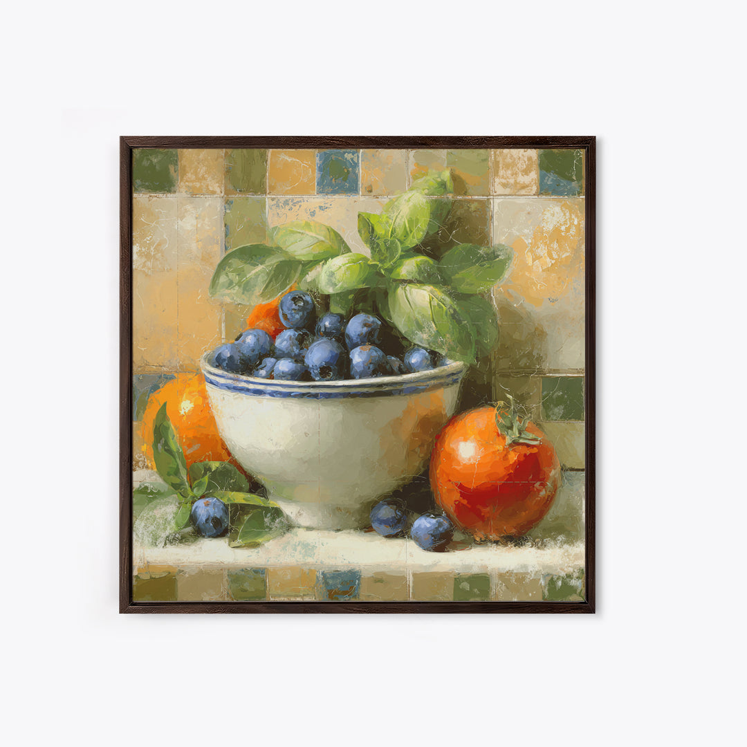 Blueberries in a White Bowl Framed Canvas Print, Kitchen Art, Gallery Decor, Kitchen Decor, Fine Art, Kitchen, Contemporary Art, KIT-1x1-67