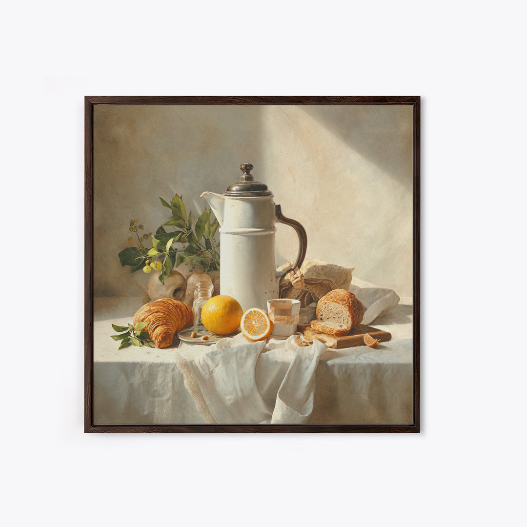 Coffee Pot and Croissant Morning Still Life Framed Canvas Print, Kitchen Art, Art Deco, Kitchen Decor, Fine Art, Kitchen, KIT-1x1-7