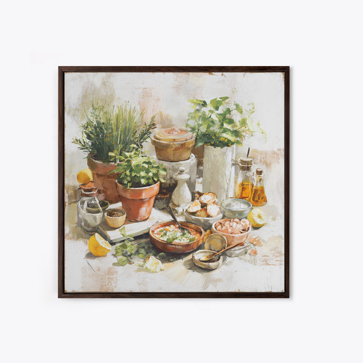 Fresh Herbs in Terracotta Pots Framed Canvas Print, Kitchen Art, Art Print, Kitchen Decor, Watercolor Art, Kitchen, Art Prints, KIT-1x1-73