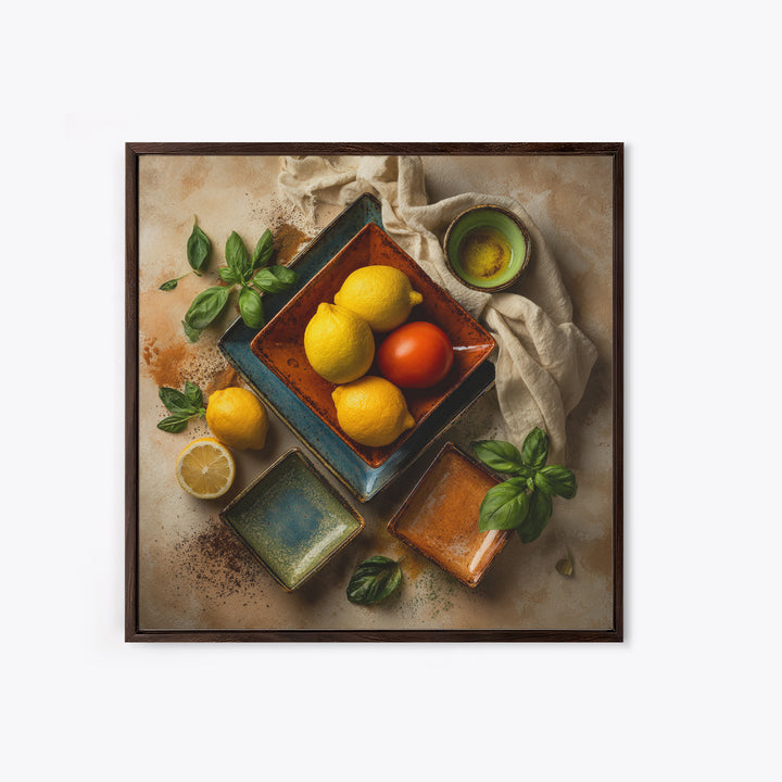 Lemons and Blue Ceramic Bowl Still Life Framed Canvas Print, Kitchen Art, Bar Cart Decor, Kitchen Decor, Fine Art, Kitchen, KIT-1x1-74