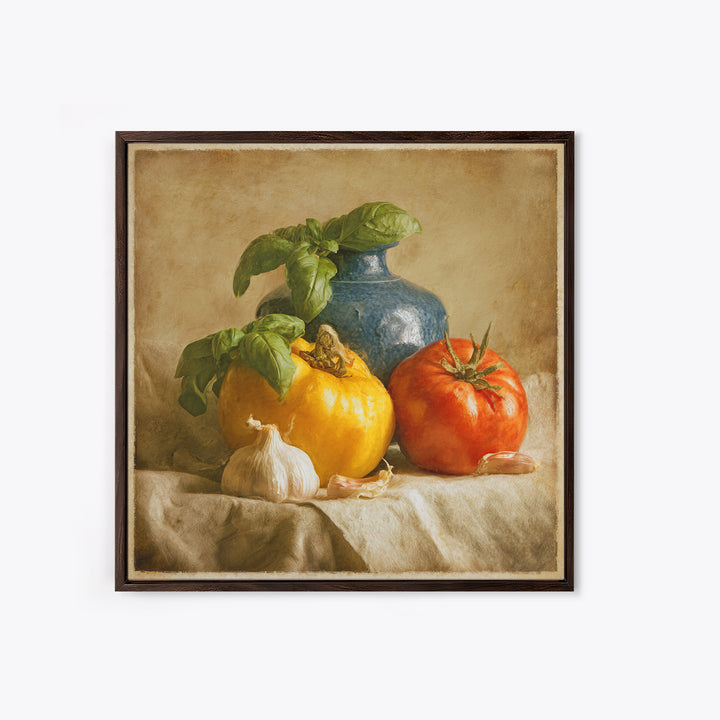 Tomatoes Garlic and Basil on Linen Canvas Print, Kitchen Art, Modern Decor, Kitchen Decor, Abstract Art, Kitchen, Home Decor, KIT-1x1-75