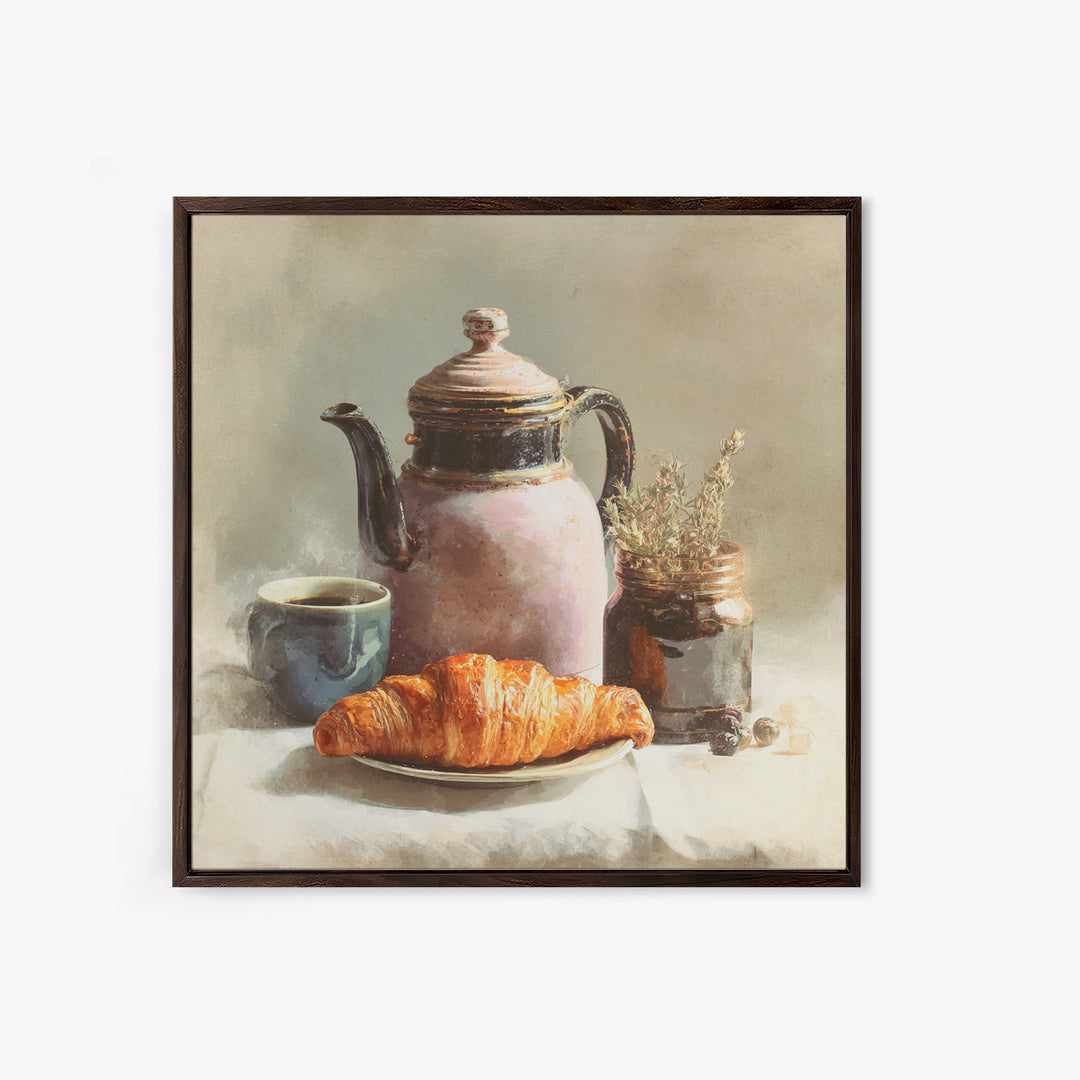 Coffee Pot and Croissant Morning Still Life Framed Canvas Print, Kitchen Art, Fine Art Print, Kitchen Decor, Oil Painting, KIT-1x1-79