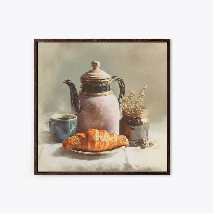 Coffee Pot and Croissant Morning Still Life Framed Canvas Print, Kitchen Art, Fine Art Print, Kitchen Decor, Oil Painting, KIT-1x1-79