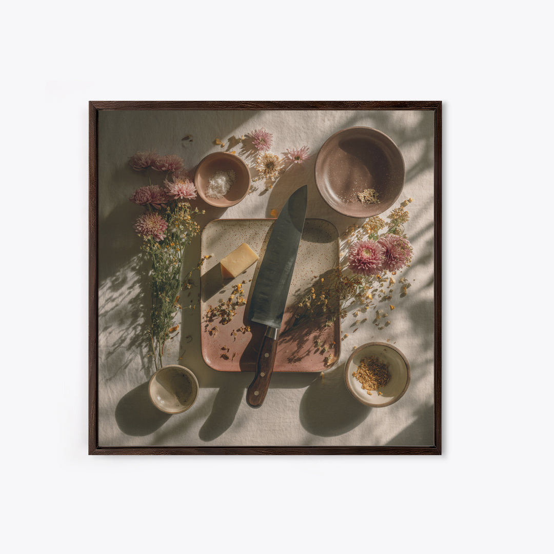 Chef Knives and Herbs Arranged as Graphic Canvas Print, Kitchen Art, Neutral Decor, Kitchen Decor, Oil Painting, Kitchen, KIT-1x1-82