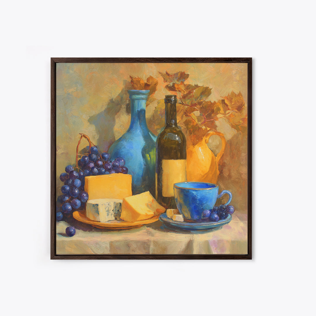 Wine Bottle Grapes and Cheese Still Life Framed Canvas Print, Kitchen Art, Kitchen Print, Kitchen Decor, Abstract Art, Kitchen, KIT-1x1-84