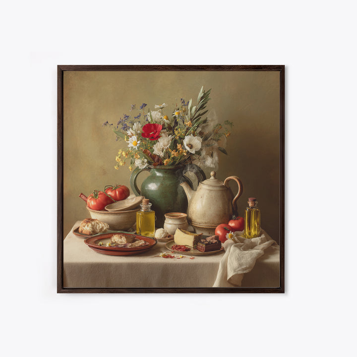 Tea Kettle with Steam and Wildflowers Canvas Print, Kitchen Art, Modern Decor, Kitchen Decor, Oil Painting, Kitchen, Home Decor, KIT-1x1-86
