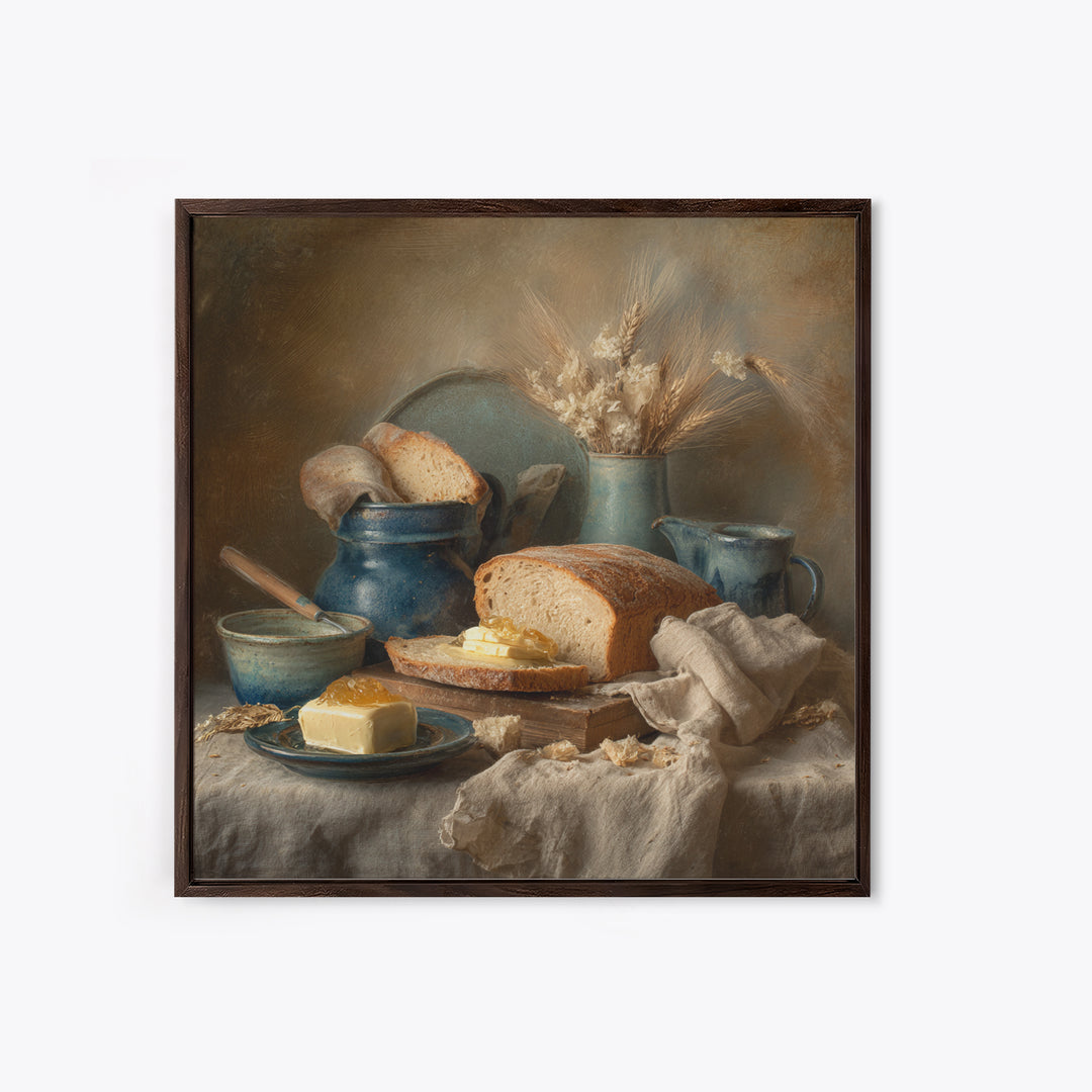 Fresh Bread with Butter and Honey Canvas Print, Kitchen Art, Coffee Print, Kitchen Decor, Fine Art, Kitchen, Textured Painting, KIT-1x1-90