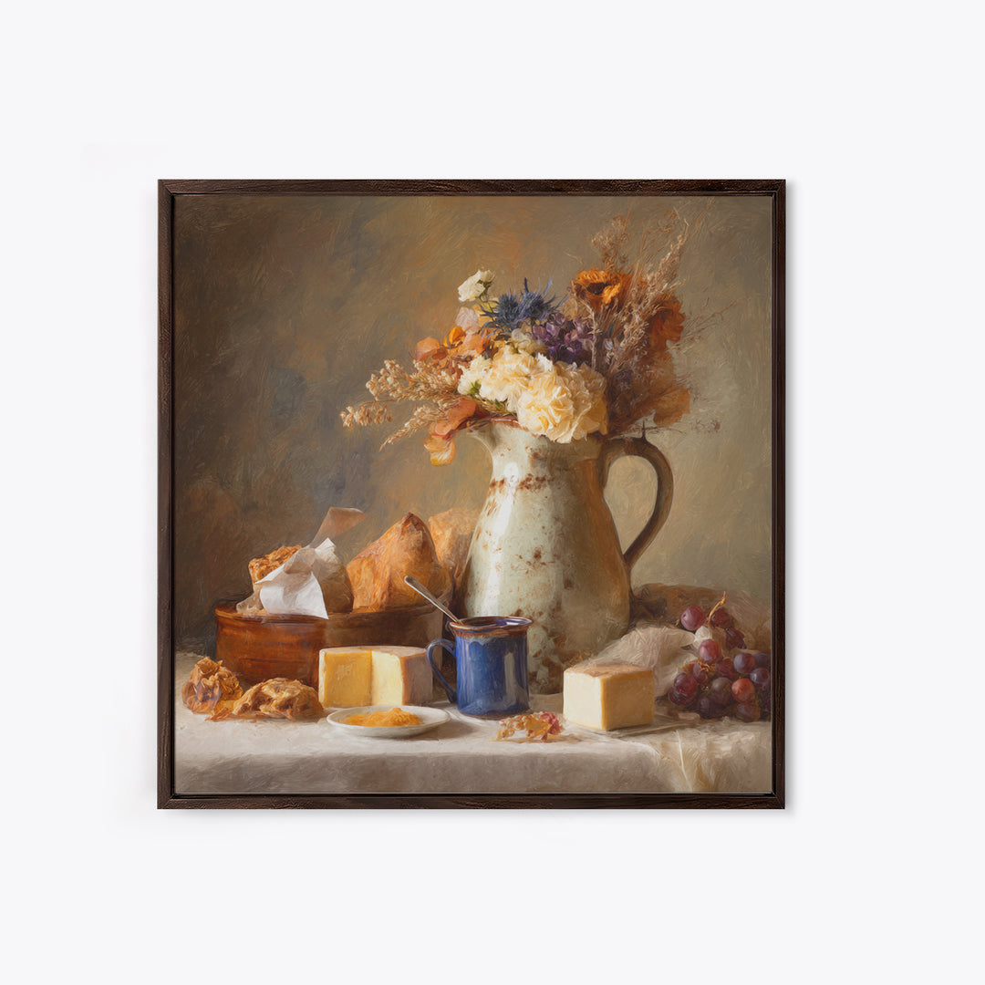 Floral Bouquet in a Kitchen Pitcher Framed Canvas Print, Kitchen Art, Wall Decor, Kitchen Decor, Kitchen, Kitchen Wall Decor, KIT-1x1-96