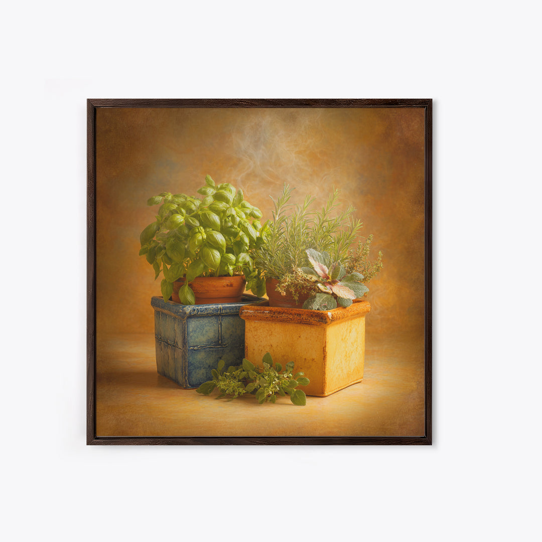 Fresh Herbs in Terracotta Pots Canvas Print, Kitchen Art, Wall Art, Kitchen Decor, Oil Painting, Kitchen, Kitchen Wall Art, KIT-1x1-97