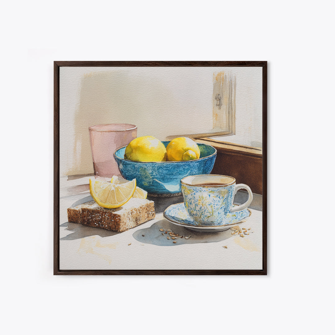 Lemons and Blue Ceramic Bowl Still Life Canvas Print, Kitchen Art, Boho Decor, Kitchen Decor, Fine Art, Kitchen, Wall Decor, KIT-1x1-98