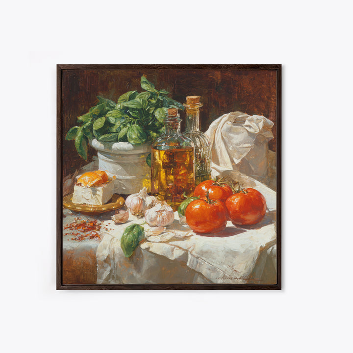 Tomatoes Garlic and Basil on Linen Canvas Print, Kitchen Art, Wall Art, Kitchen Decor, Fine Art, Kitchen, Kitchen Wall Art, KIT-1x1-99