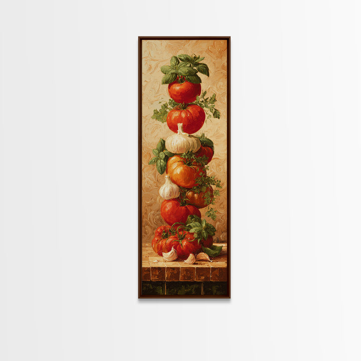 Tomatoes Garlic and Basil on Linen Framed Canvas Print, Kitchen Art, Home Decor, Kitchen Decor, Fine Art, Kitchen, KIT-1x3-15