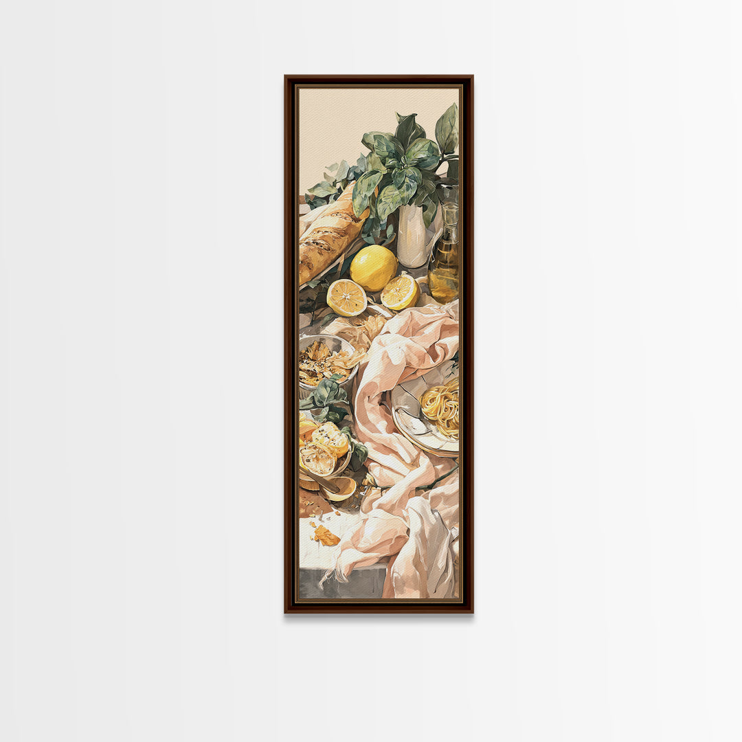 Pasta Lemons and Basil Mediterranean Still Life Framed Canvas Print, Kitchen Art, Modern Decor, Kitchen Decor, Kitchen, KIT-1x3-29