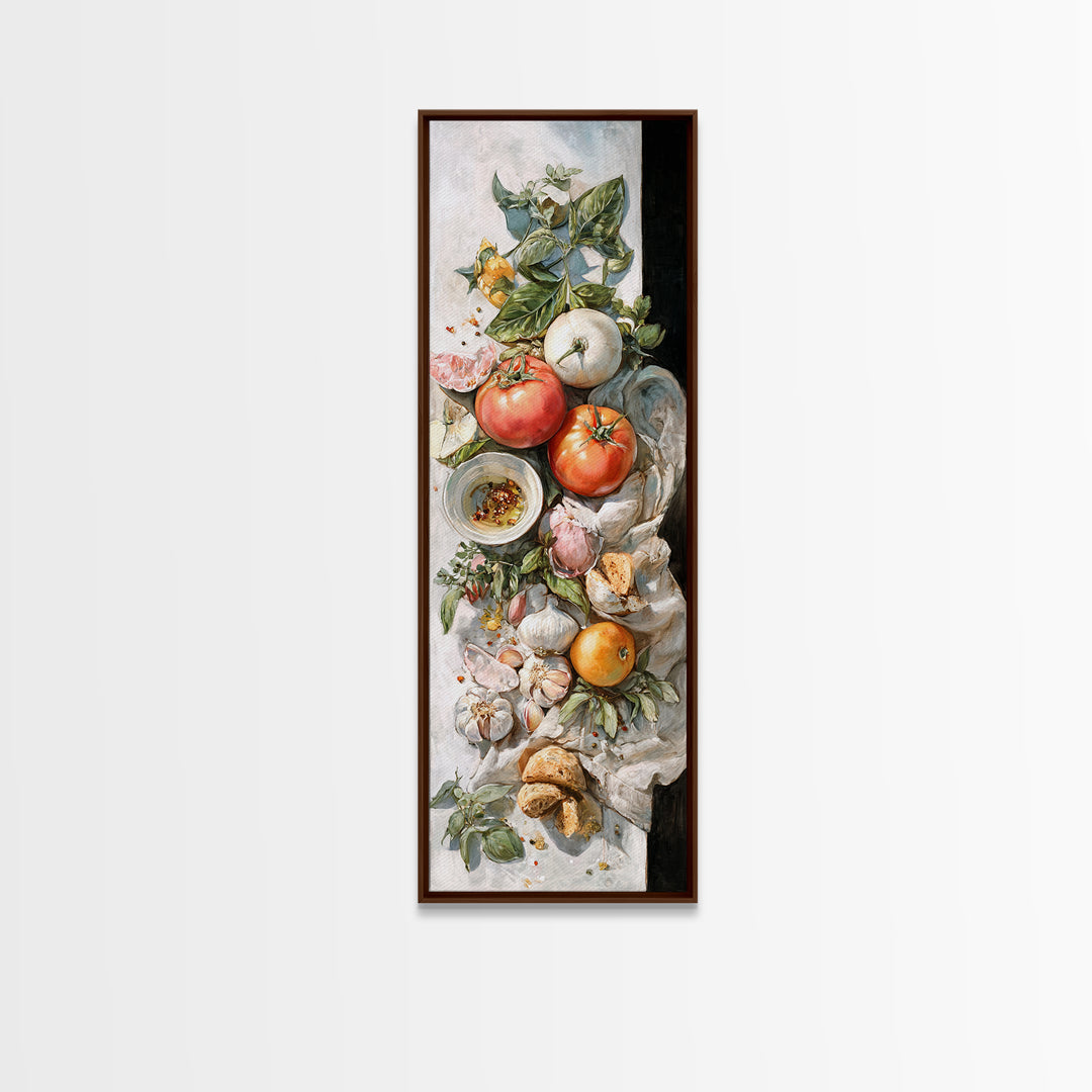 Tomatoes Garlic and Basil on Linen Canvas Print, Kitchen Art, Art Prints, Kitchen Decor, Fine Art, Kitchen, Modern Art, KIT-1x3-39