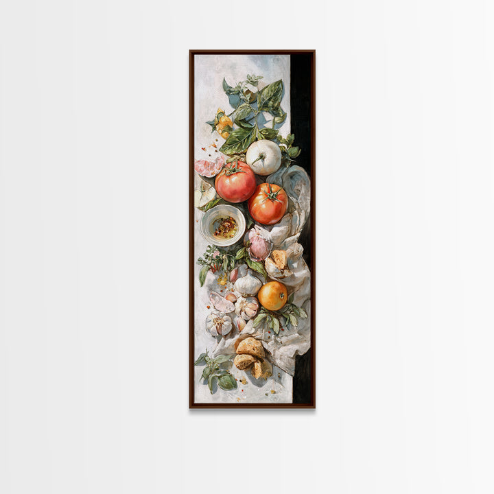 Tomatoes Garlic and Basil on Linen Canvas Print, Kitchen Art, Art Prints, Kitchen Decor, Fine Art, Kitchen, Modern Art, KIT-1x3-39