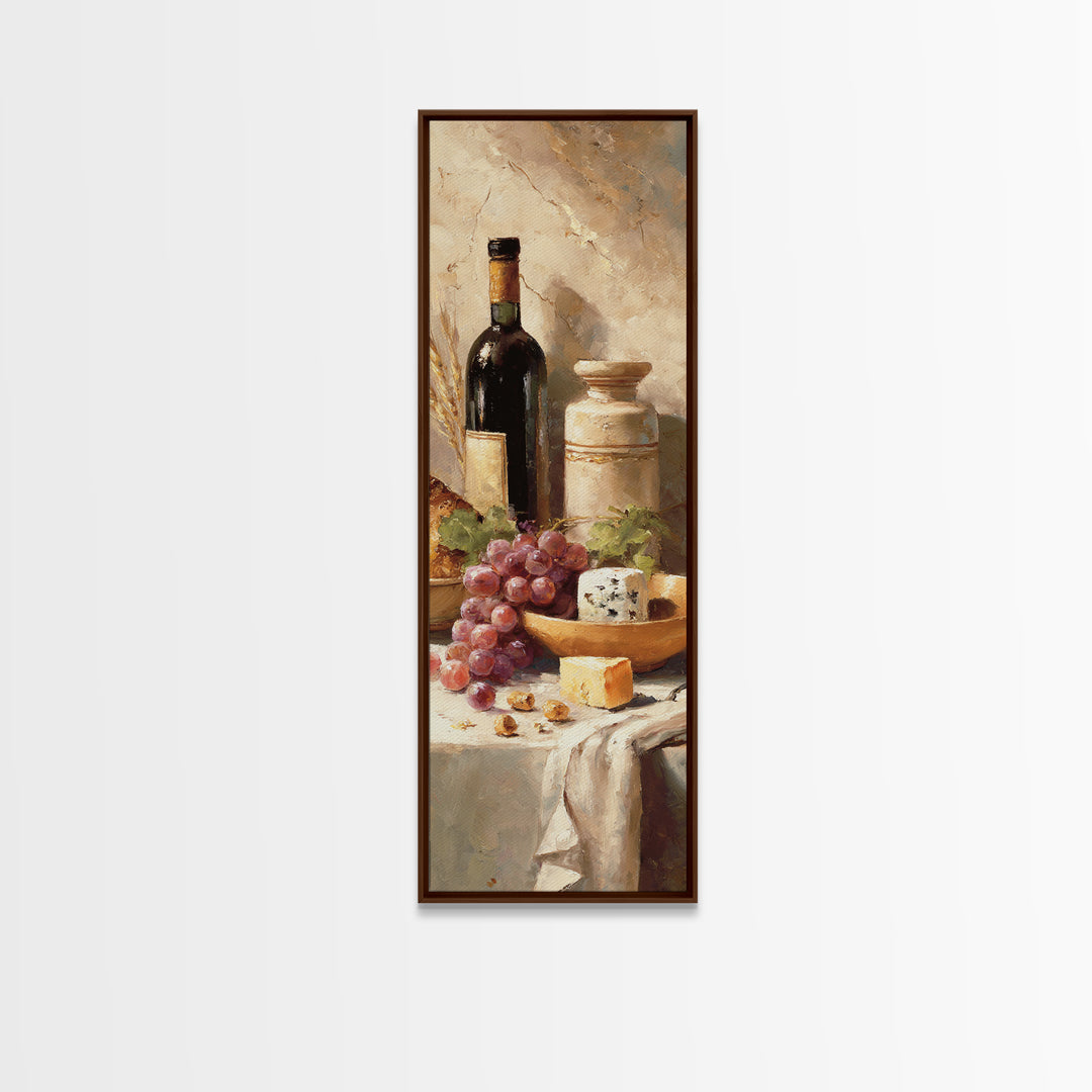Wine Bottle Grapes and Cheese Still Life Canvas Print, Kitchen Art, Wall Art, Kitchen Decor, Watercolor Art, Kitchen, KIT-1x3-48