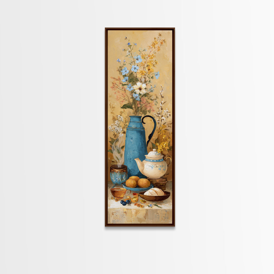 Tea Kettle with Steam and Wildflowers Framed Canvas Print, Kitchen Art, Kitchen Art Print, Kitchen Decor, Watercolor Art, KIT-1x3-50