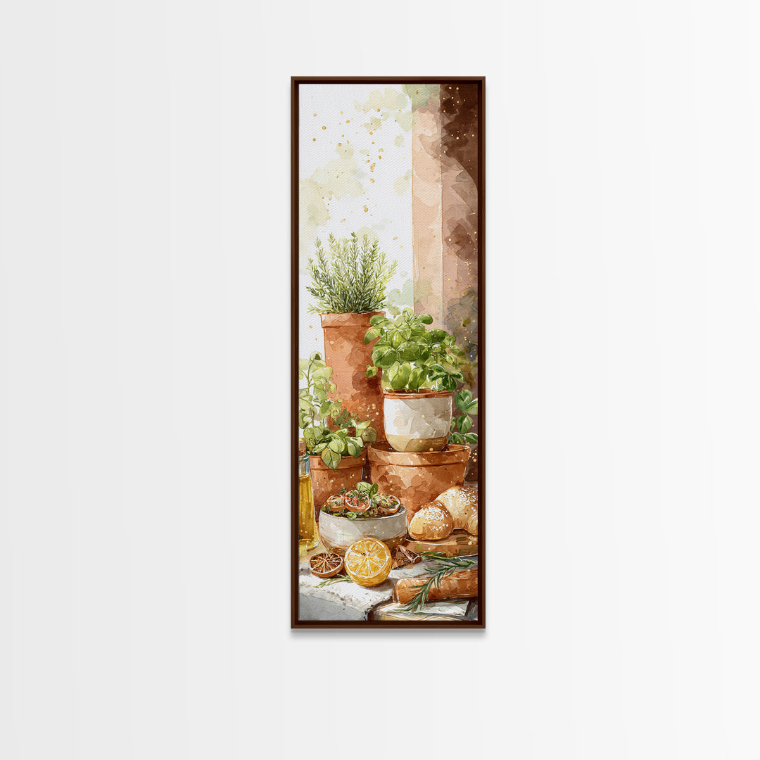 Fresh Herbs in Terracotta Pots Framed Canvas Print, Kitchen Art, Textured Painting, Kitchen Decor, Fine Art, Kitchen, KIT-1x3-61