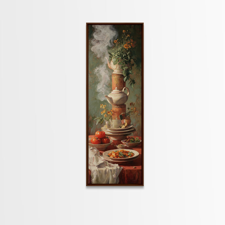 Tea Kettle with Steam and Wildflowers Framed Canvas Print, Kitchen Art, Kitchen Art Print, Kitchen Decor, Watercolor Art, KIT-1x3-74