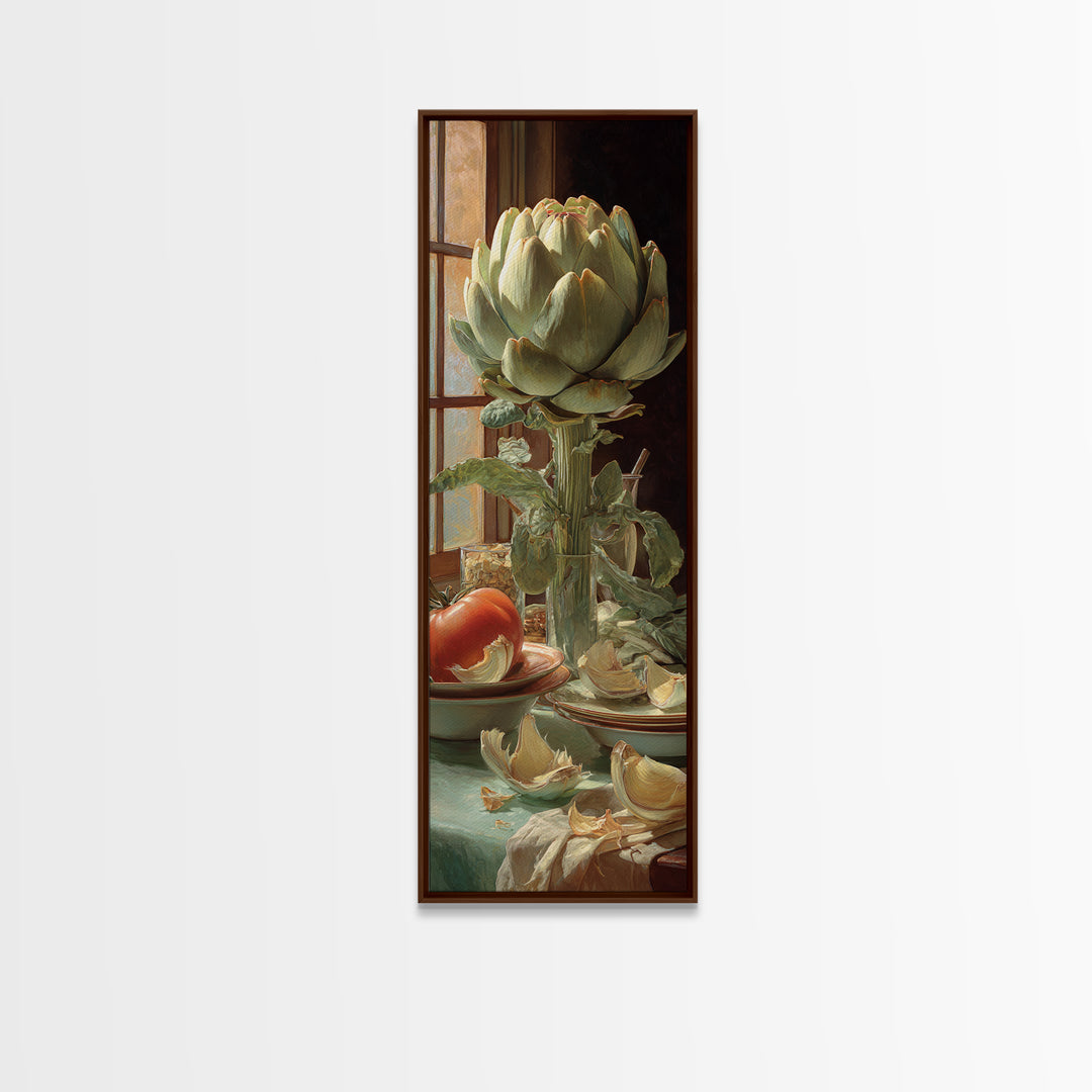 Artichoke Closeup in Painterly Green Tones Framed Canvas Print, Kitchen Art, Statement Artwork, Kitchen Decor, Kitchen, KIT-1x3-8