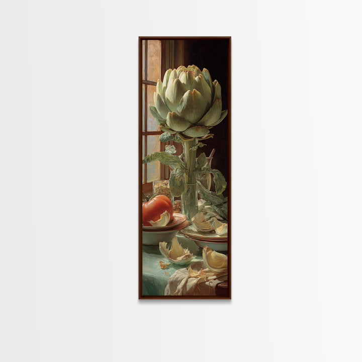 Artichoke Closeup in Painterly Green Tones Framed Canvas Print, Kitchen Art, Statement Artwork, Kitchen Decor, Kitchen, KIT-1x3-8