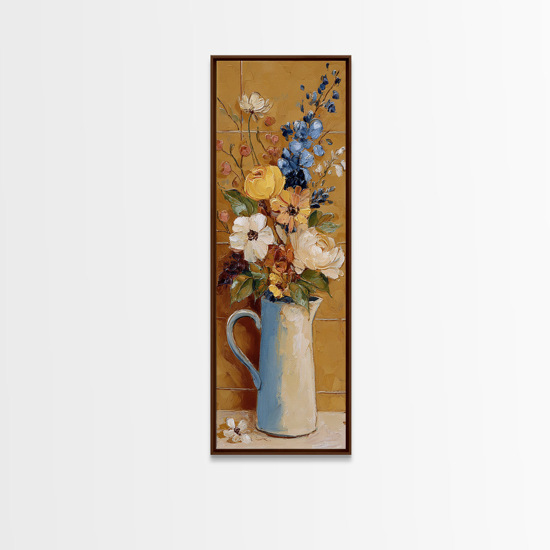 Floral Bouquet in a Kitchen Pitcher Framed Canvas Print, Kitchen Art, Printable Wall Art, Kitchen Decor, Oil Painting, Kitchen, KIT-1x3-84
