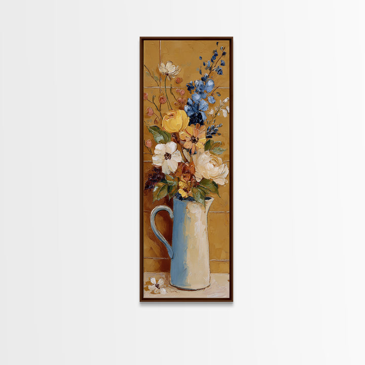Floral Bouquet in a Kitchen Pitcher Framed Canvas Print, Kitchen Art, Printable Wall Art, Kitchen Decor, Oil Painting, Kitchen, KIT-1x3-84