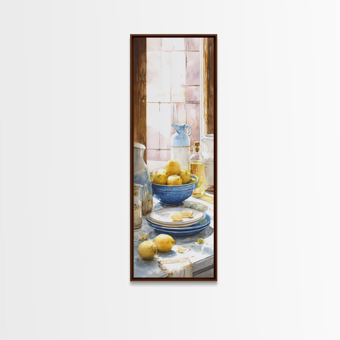 Lemons and Blue Ceramic Bowl Still Life Canvas Print, Kitchen Art, Luxury Decor, Kitchen Decor, Fine Art, Kitchen, Art Prints, KIT-1x3-86