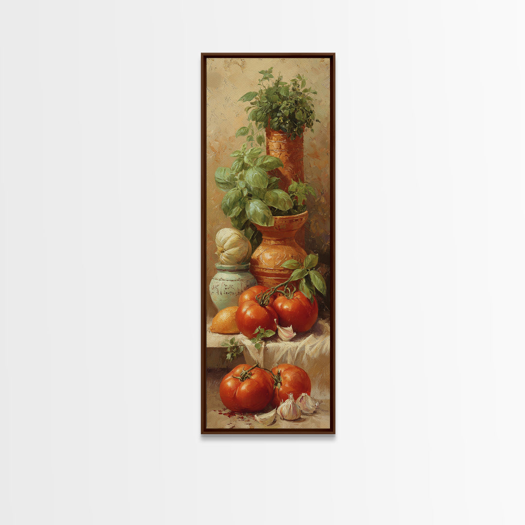 Tomatoes Garlic and Basil on Linen Framed Canvas Print, Kitchen Art, Trendy Wall Art, Kitchen Decor, Abstract Art, Kitchen, KIT-1x3-87