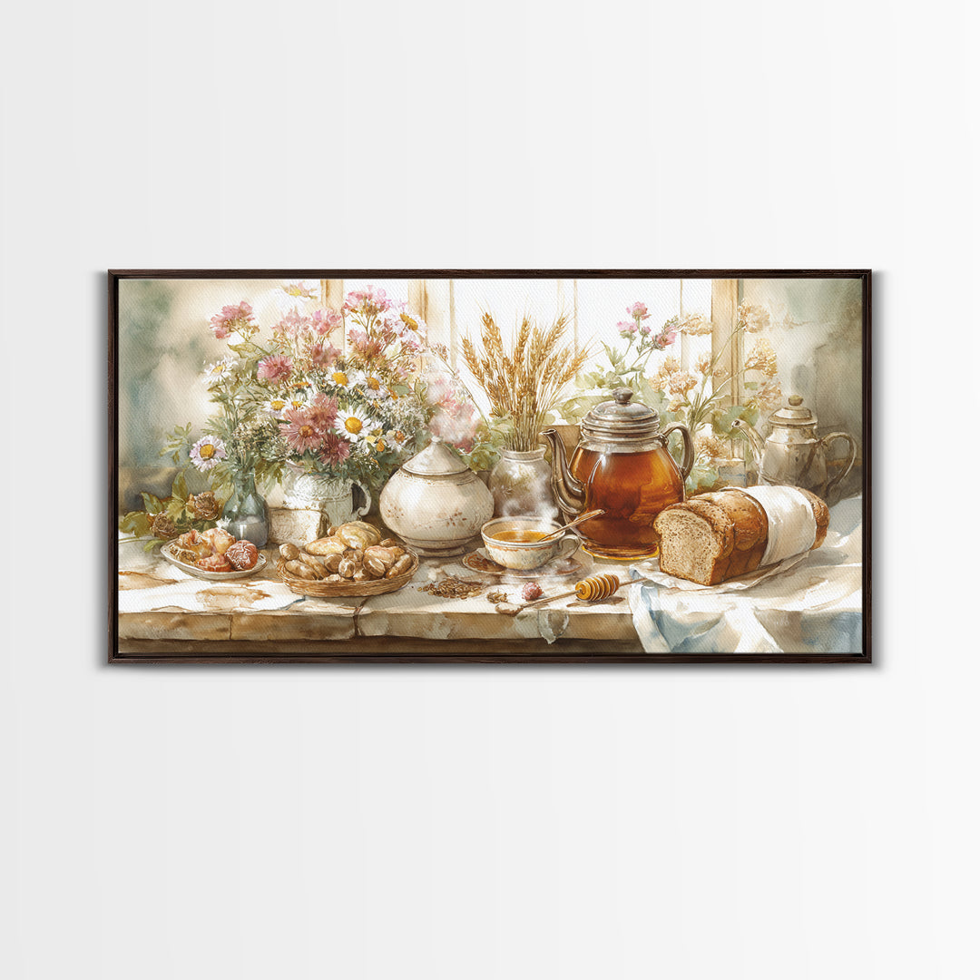 Tea Kettle with Steam and Wildflowers Framed Canvas Print, Kitchen Art, Art Print, Kitchen Decor, Watercolor Art, Kitchen, KIT-2x1-10