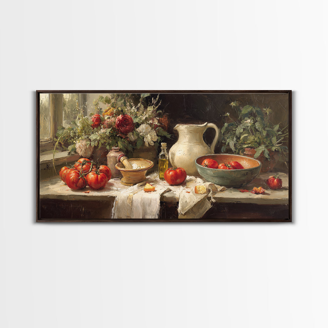 Floral Bouquet in a Kitchen Pitcher Framed Canvas Print, Kitchen Art, Statement Artwork, Kitchen Decor, Fine Art, Kitchen, KIT-2x1-20