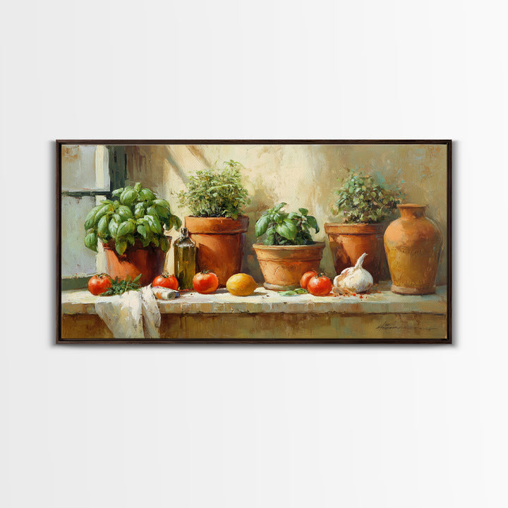 Fresh Herbs in Terracotta Pots Canvas Print, Kitchen Art, Wall Art, Kitchen Decor, Oil Painting, Kitchen, Kitchen Wall Art, KIT-2x1-21