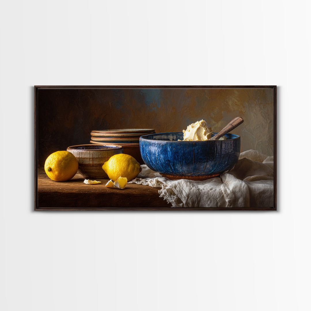 Lemons and Blue Ceramic Bowl Still Life Canvas Print, Kitchen Art, Boho Decor, Kitchen Decor, Fine Art, Kitchen, Wall Decor, KIT-2x1-22
