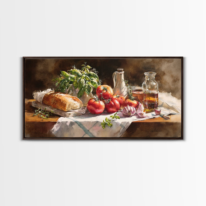Tomatoes Garlic and Basil on Linen Framed Canvas Print, Kitchen Art, Print, Kitchen Decor, Abstract Art, Kitchen, KIT-2x1-23