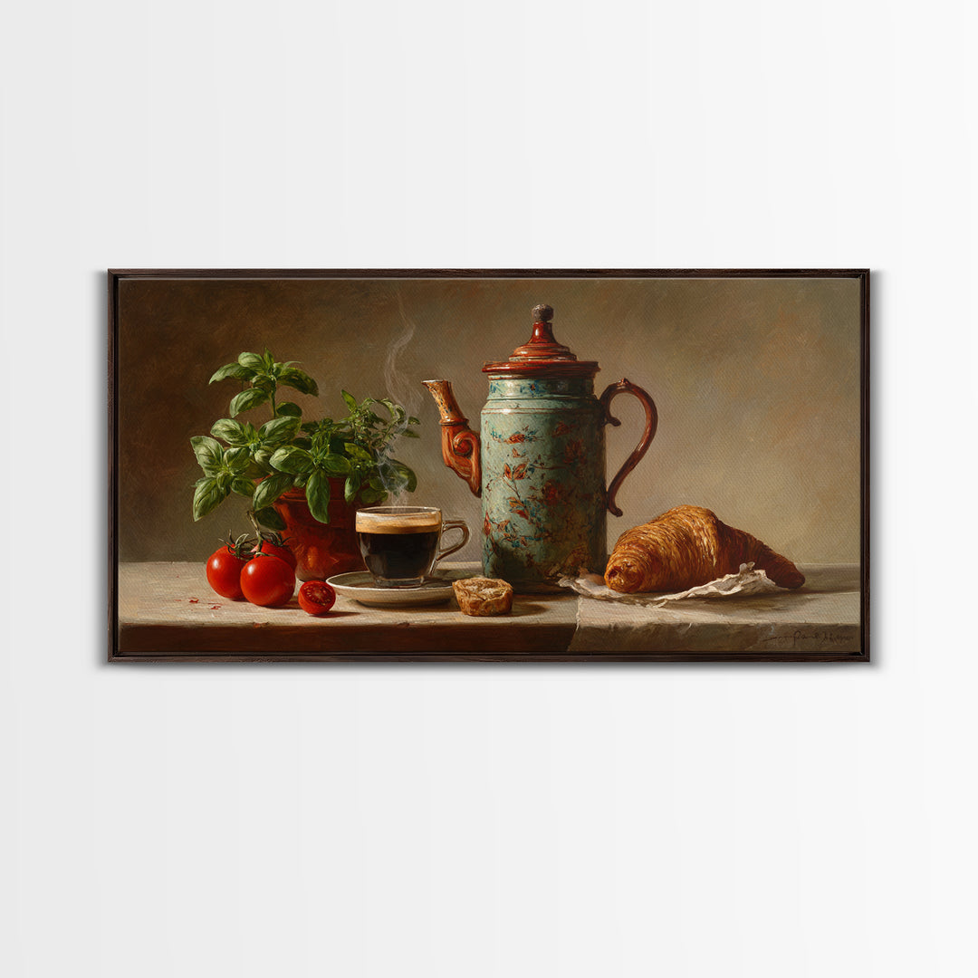 Coffee Pot and Croissant Morning Still Life Framed Canvas Print, Kitchen Art, Fine Art Print, Kitchen Decor, Oil Painting, KIT-2x1-27