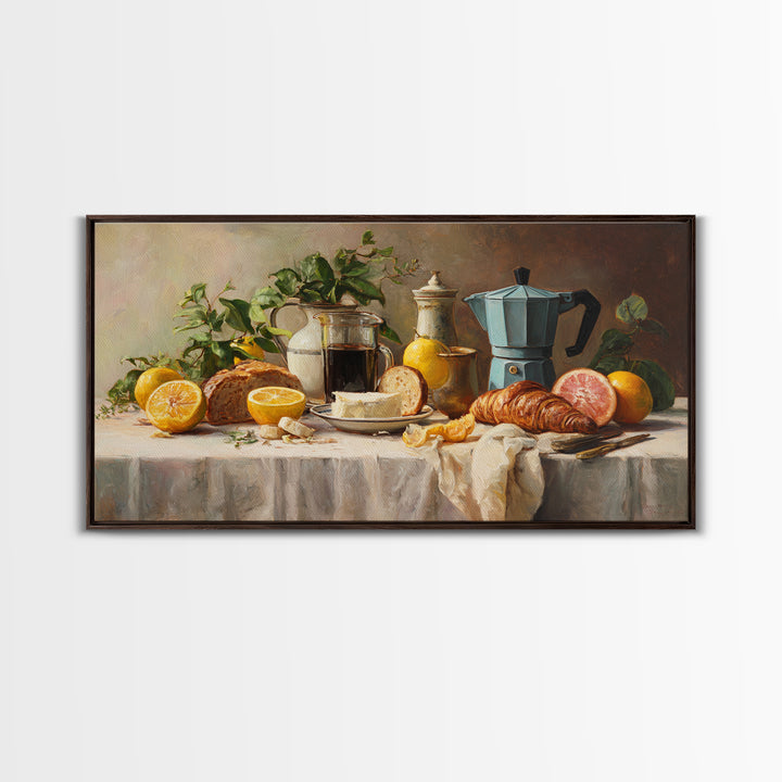 Coffee Pot and Croissant Morning Still Life Framed Canvas Print, Kitchen Art, Art Deco, Kitchen Decor, Fine Art, Kitchen, KIT-2x1-3