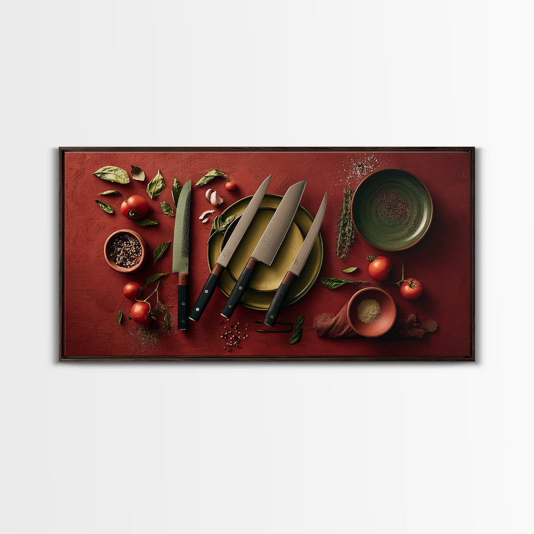 Chef Knives and Herbs Arranged as Graphic Framed Canvas Print, Kitchen Art, Luxury Decor, Kitchen Decor, Fine Art, Kitchen, KIT-2x1-30