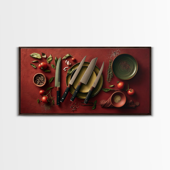 Chef Knives and Herbs Arranged as Graphic Framed Canvas Print, Kitchen Art, Luxury Decor, Kitchen Decor, Fine Art, Kitchen, KIT-2x1-30