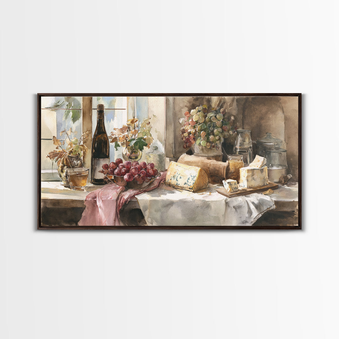 Wine Bottle Grapes and Cheese Still Life Canvas Print, Kitchen Art, Contemporary Art, Kitchen Decor, Oil Painting, Kitchen, KIT-2x1-32