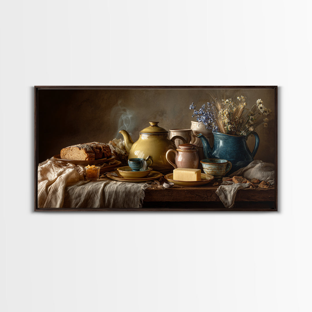 Tea Kettle with Steam and Wildflowers Framed Canvas Print, Kitchen Art, Art Print, Kitchen Decor, Watercolor Art, Kitchen, KIT-2x1-34