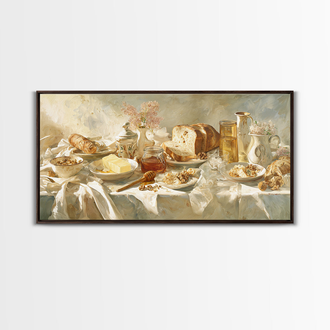 Fresh Bread with Butter and Honey Framed Canvas Print, Kitchen Art, Fine Art Print, Kitchen Decor, Watercolor Art, Kitchen, KIT-2x1-38