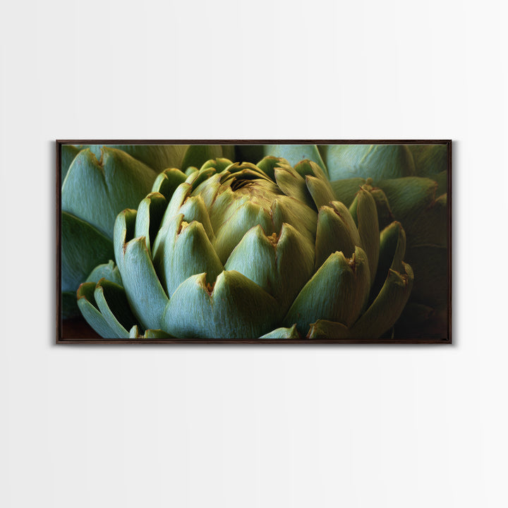 Artichoke Closeup in Painterly Green Tones Framed Canvas Print, Kitchen Art, Home Decor, Kitchen Decor, Fine Art, Kitchen, KIT-2x1-40