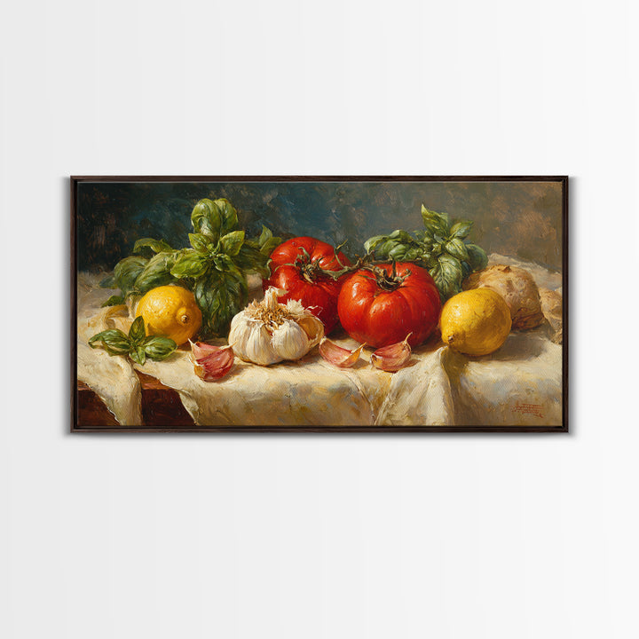 Tomatoes Garlic and Basil on Linen Canvas Print, Kitchen Art, Kitchen Decor, Abstract Art, Kitchen, Trendy Wall Art, KIT-2x1-47